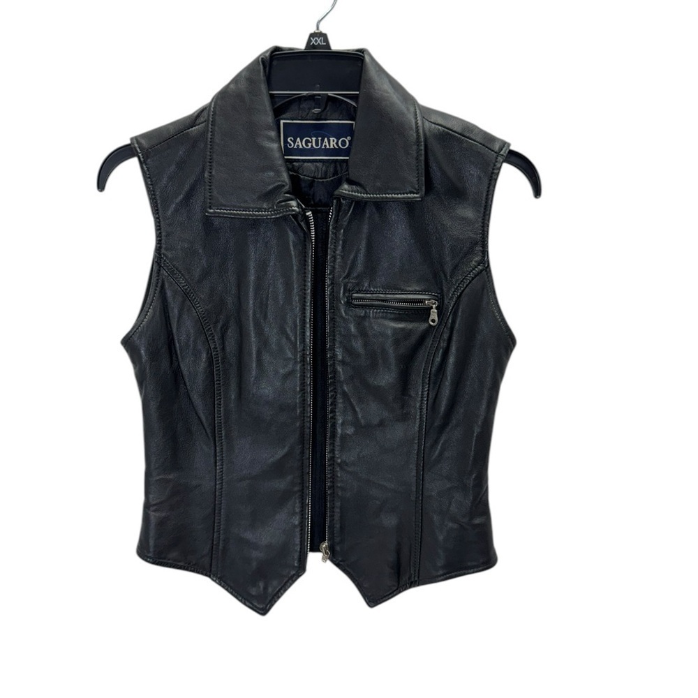 Saguaro.  Vintage .Black Leather Vest with Zipper Closure and Pointed Collar